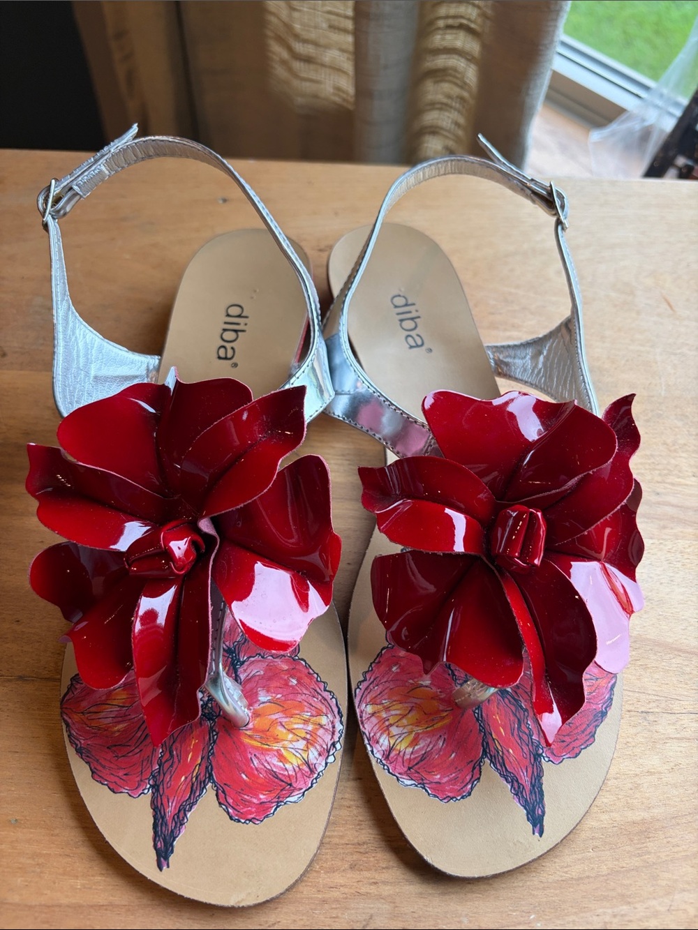 Diba Red Floral Slingback Sandals with Silver Straps
